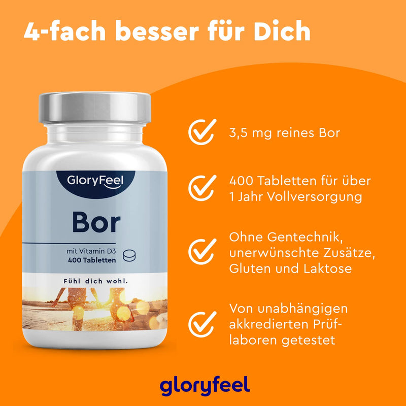 Pure boron - High dose with 3.5 mg boron - 400 tablets for over 1 year supply - High bioavailability thanks to vitamin D - 100% vegetarian & without unwanted additives - NewNest Australia
