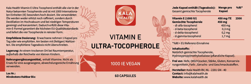 Kala Health Vitamin E 1000 IU Ultra Tocopherol 450mg Vitamin E Vegan - all 4 tocopherols - Alpha Tocopherol + Beta Tocopherol + Gamma Tocopherol + Delta Tocopherol - Unique d Alpha Tocopherol 60 - NewNest Australia