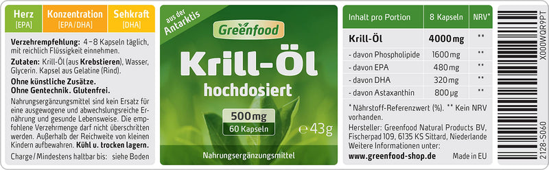 Greenfood Krill Oil, 500 mg, 60 capsules, high dosage - rich in EPA and DHA - for heart, vision and brain. WITHOUT artificial additives. Without genetic technology. Softgel capsules. 60 pieces (pack of 1) - NewNest Australia