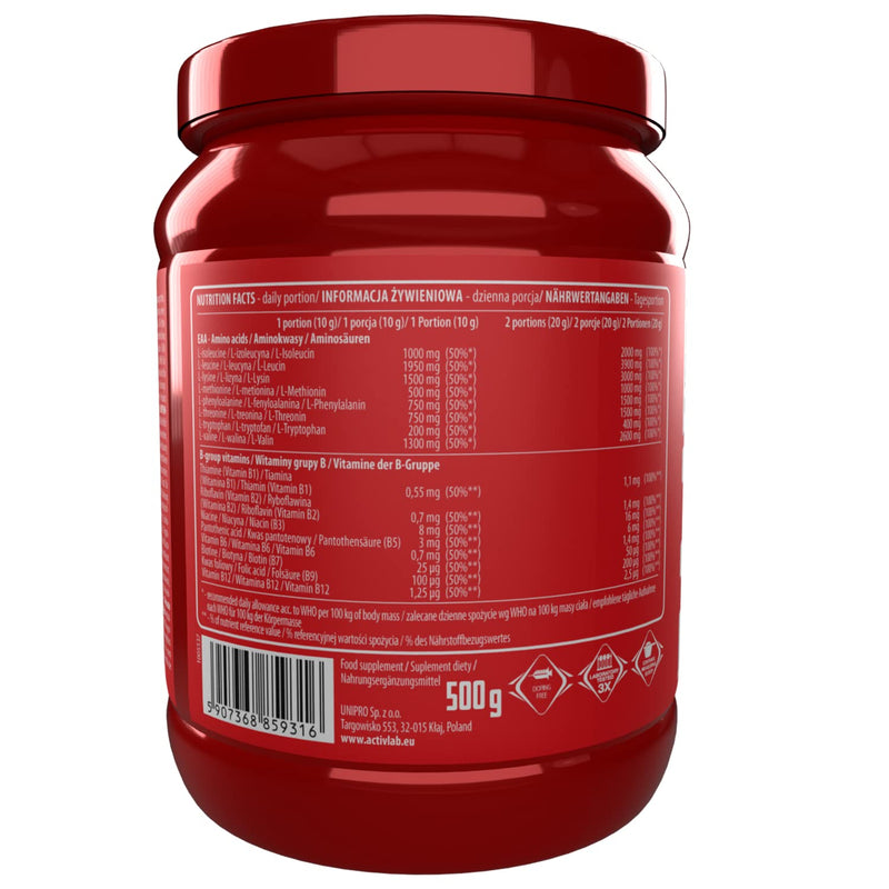 Activlab Eaa Xtra Instant 500 G, Powder, All 8 Essential Exogenous Amino Acids, B Vitamins, 50 Servings, Workout Drink, Raspberry Strawberry, Optimal Value, Vegan, Includes Measuring Cup, Vegan - NewNest Australia