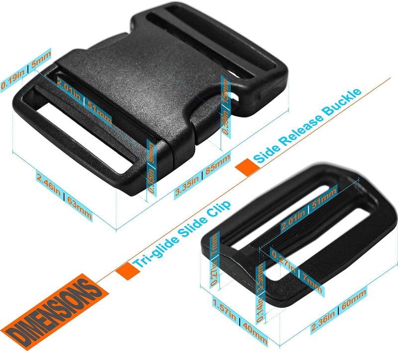 Buckles for Straps 2": Side Release Buckle Plastic Clip 2 set + Tri-Glide Slide 4 pcs Fit 2 inch Wide Nylon Strap Webbing Belt, Heavy Duty Replacement for Backpack Parachute, Dual Adjustable No Sewing 2 Set 2 in - NewNest Australia