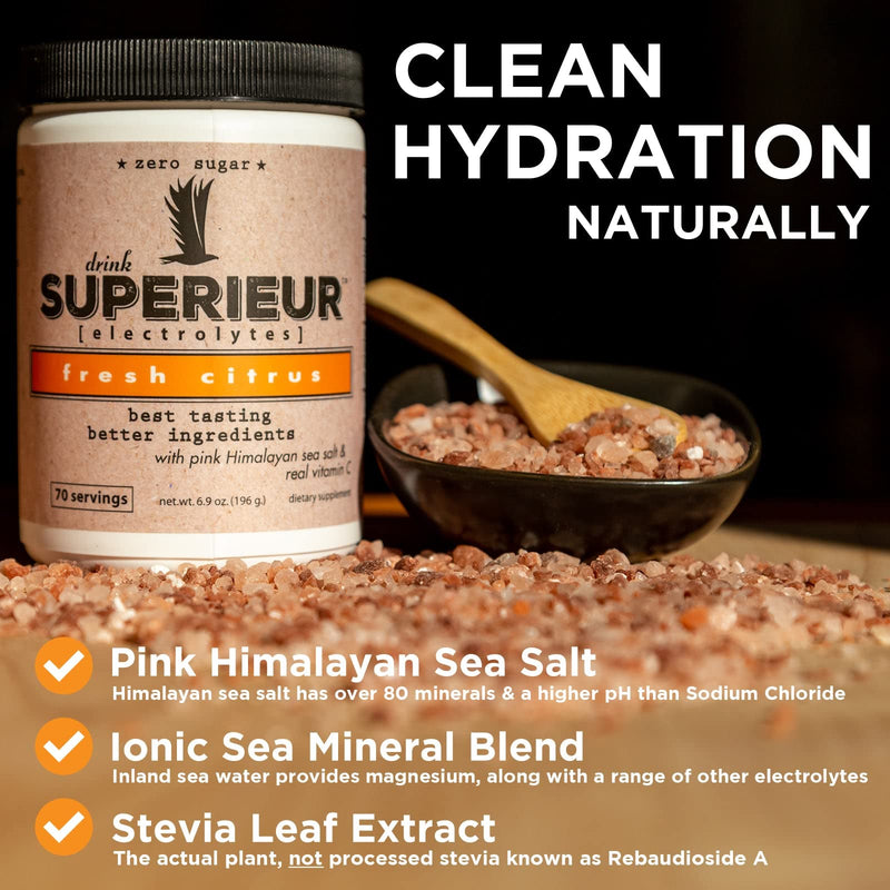 Superieur Electrolytes – Plant Based Electrolyte Supplement w/ Sea Minerals for Hydration & Recovery – Keto Friendly, Non-GMO, Zero Sugar, Vegan Healthy Sports Drink Powder – Citrus (70 Servings) - NewNest Australia