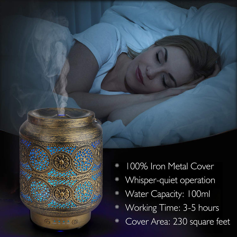 SALKING Metal Essential Oils Diffuser,100ml Vintage Aromatherapy Diffuser Ultrasonic Oil Diffusers Humidifier with 7 Colour Night Light, Waterless Auto Shut-Off, Timer for Home Bedroom Gold - NewNest Australia