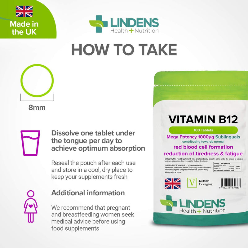 Lindens Vitamin B12 1000mcg Cherry Flavour Sublingual Tablets - 100 Pack - for Red Blood Cell Formation and Fatigue Reduction - Fast Absorption - UK Manufacturer, Letterbox Friendly 100 Count (Pack of 1) - NewNest Australia