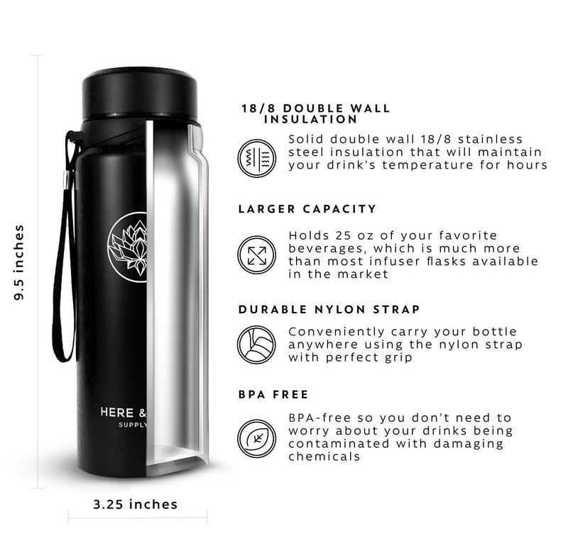 NewNest Australia - 25 oz Multi-Function Travel Mug and Tumbler | Tea Infuser Water Bottle | Fruit Infused Flask | Hot & Cold Double Wall Stainless Steel Coffee Thermos | by Here & Now Supply Co. (Zen Black) Zen Black 