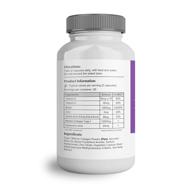 Hey Nutrition Collagen Complex Hyaluronic Acid & Sea Kelp Vitamin E, C, Biotin - Healthy Nails, Skin, Hair Joints Metabolism - Type 1 Marine Supplement - Non GMO, 60 Capsules 60 Count (Pack of 1) - NewNest Australia