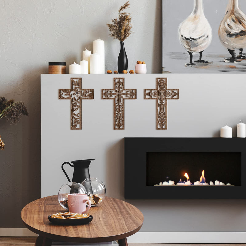 3 Pcs Wooden Wall Hanging Cross Handmade Antique Cross Hanging Decor Religious Cross Decorations for Wall Brown Wooden Cross Home Decor Hand Carved Wall Crosses for Living Room Nursery Wedding - NewNest Australia