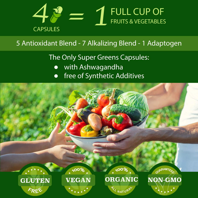 Organic Vegan Super Greens Capsules with Ashwagandha - Immune Support with All Natural Whole Food Nutrients Chlorella, Moringa, Spirulina, Turmeric, Kale. Improve Digestion, Boost Energy - Detox Pills - NewNest Australia