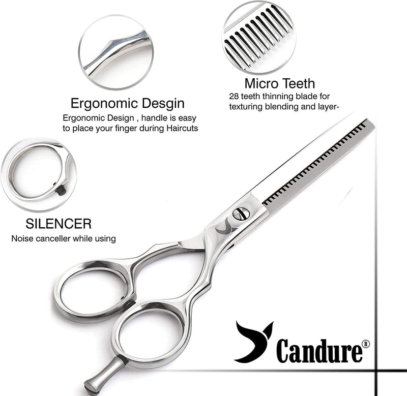 Candure Hairdressing Scissor Hairdresser thinning Scissor Set - 5.5 Inch Hair Cutting and Hair Scissor with Comb and Pouch - for Men, Women, Children and Professional Barbers 2 Count (Pack of 1) Silver - NewNest Australia