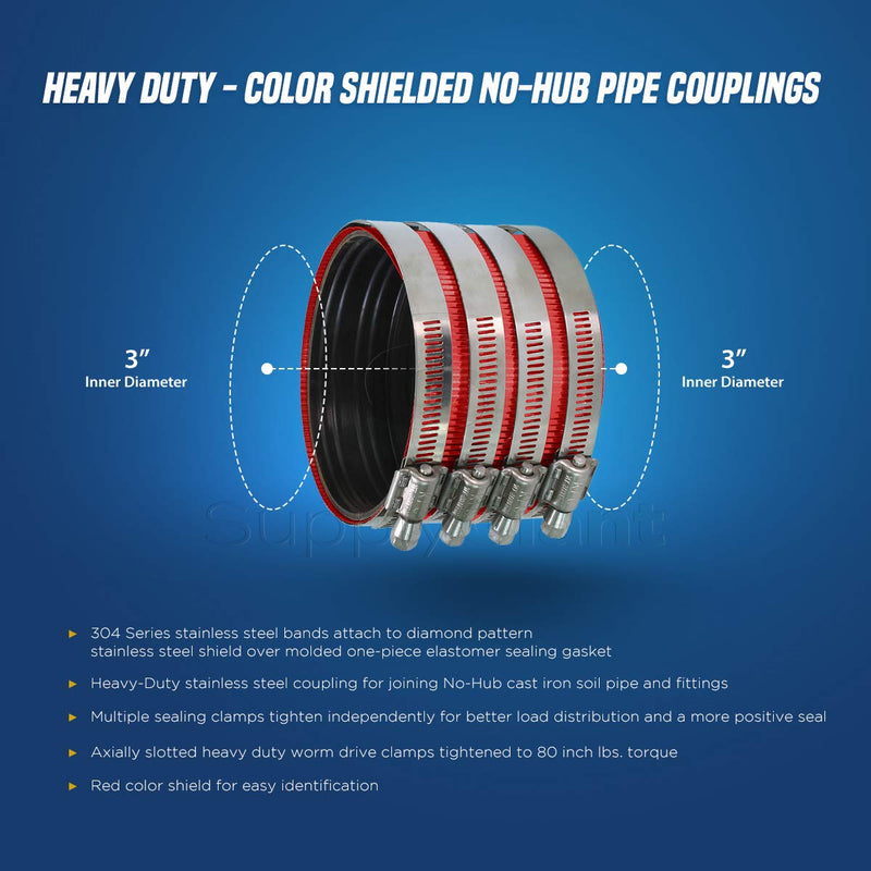 Supply Giant 37522CS No-No-Hub Coupling Heavy Duty Colored Shield, 3 inch, Red - NewNest Australia