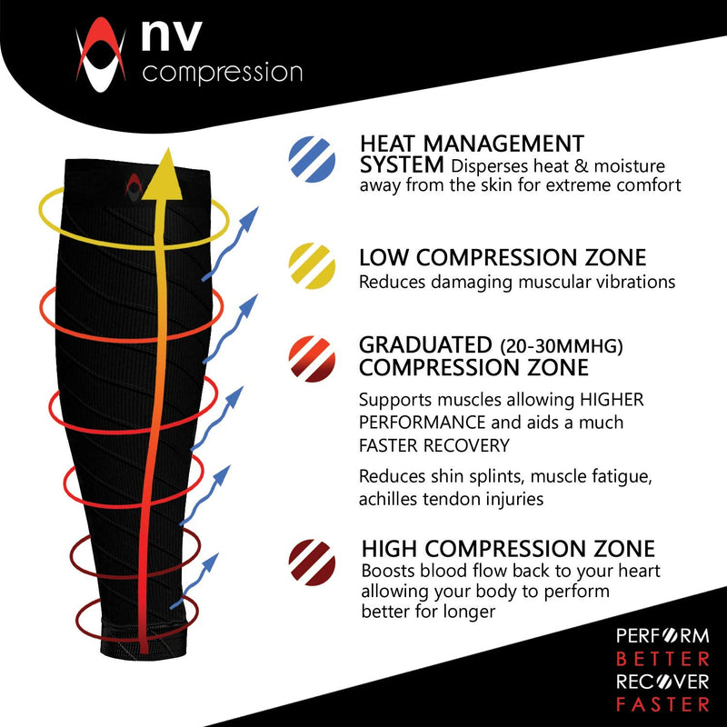 NV Compression Essential Race and Recover Calf Guards/Sleeves (PAIR) 20-30mmHg - For Sports Recovery, Shin Splints, Medical, Work, Flight - Running, Cycling (S.Blk, XS_ Solid Black XS - NewNest Australia