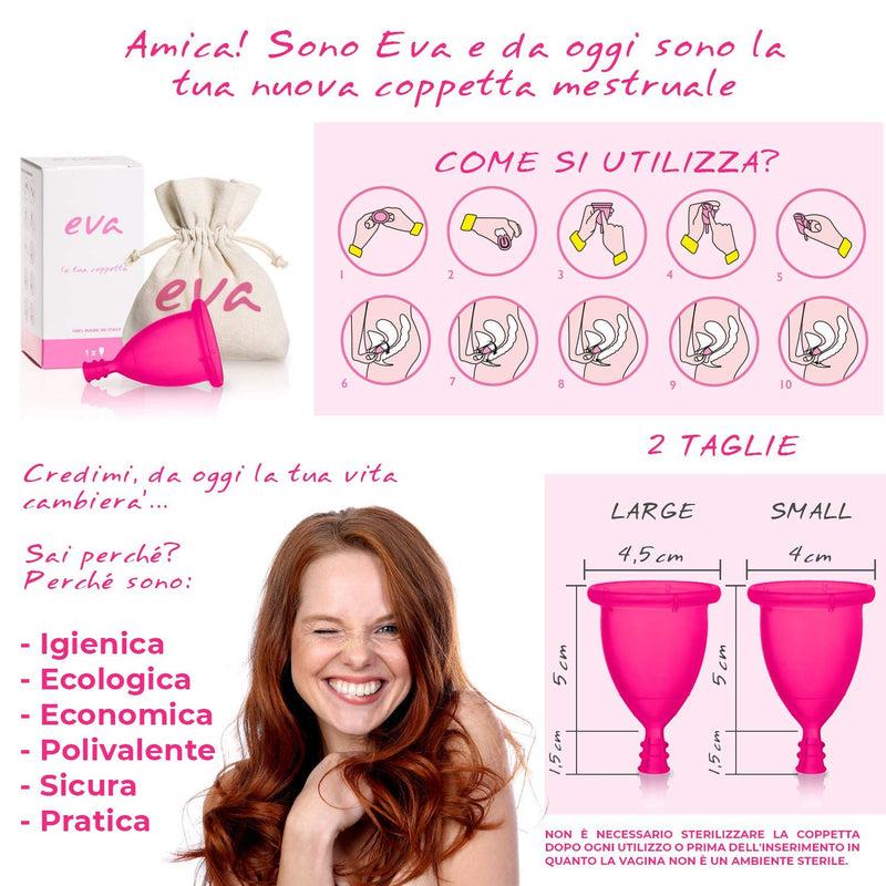 Menstrual Cup Kit Eva Cup Dulàc - 2 Soft Menstrual Cups Size S + L (Pink Medical Grade Silicone), Sterilizer Spray and Cotton Bag - Period Cup Eco-Friendly and Flexible - Eva Soft Cup, Made in Italy - NewNest Australia