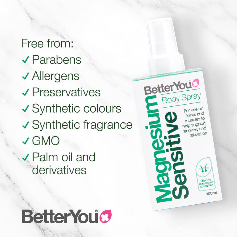 BetterYou Magnesium Sensitive Body Spray | Pure, Clean and Natural Source of Magnesium Chloride | Magnesium Spray | Vegan & Palm-Oil Free | 100ml (600 Sprays) Single - NewNest Australia