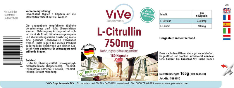 L-Citrulline 750 mg - 180 capsules for 1 month - amino acid - high dosage and vegan | Quality from Germany from ViVe Supplements - NewNest Australia