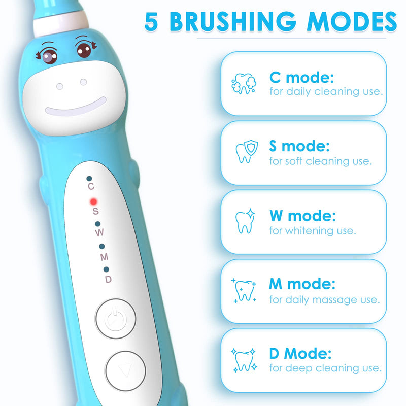 Dinosaur Toothbrush, Kids Sonic Electric Toothbrush for Children, Toddlers Boys Girls Age 3-12 with 30s Reminder, 2 Mins Timer, 5 Modes, 6 Brush Heads, Rechargeable, Wall-Mounted Holder 8680 Blue+ 6 Heads+ Holder(package Might Vary) - NewNest Australia