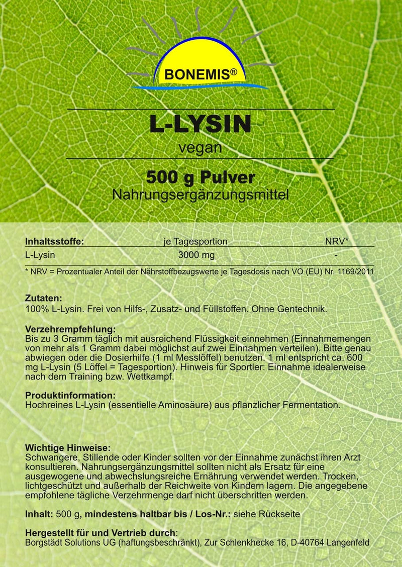 Bonemis® L-Lysine (amino acid), vegan, 500 g in a bag, premium quality without additives - NewNest Australia