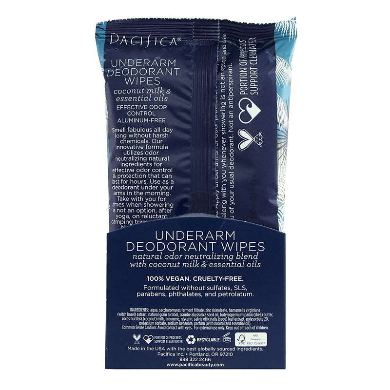 Pacifica Beauty, Coconut Milk & Essential Oils Underarm Deodorant Wipes, 30 Count, Remove Odor On-The-Go, Aluminum Free, Travel Friendly, Fresh Coconut Scent, 100% Vegan and Cruelty Free Coconut Milk & Oil - Pack of 1 - NewNest Australia