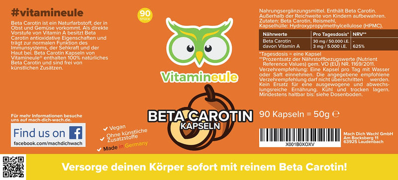 Beta carotene capsules - 50,000 iU / 30mg - high dosage - quality from Germany - laboratory tested - vegan - without additives - natural vitamin A - small capsules instead of tablets - Vitamineule® - NewNest Australia