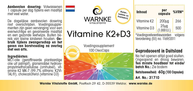 Vitamin K2 + D3 200µg / 1000 IU - 100 OleoCaps capsules from our own production - Original K2VITAL® 99.7% all-trans K2 MK-7 - German pharmacy quality - high dosage | Warnke vital substances - NewNest Australia