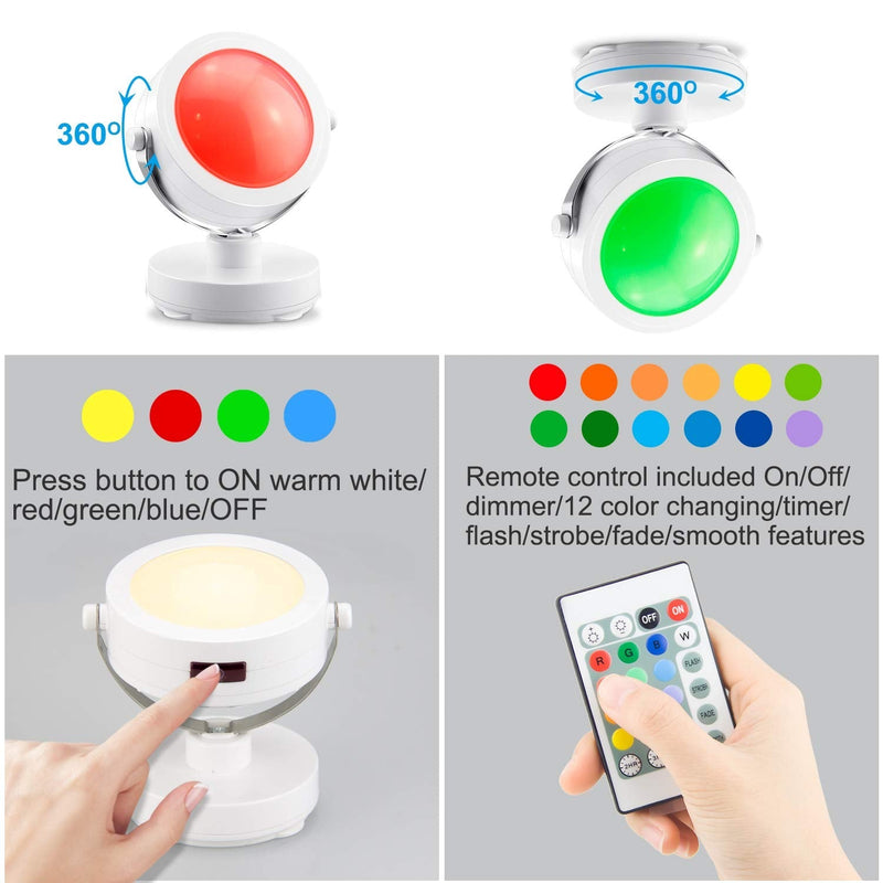 LUXSWAY Battery Operated Accent Lights| Wireless SpotLights Indoor with 360° Rotate Head| 12 Color Changing Remote Up/Down Light| Dim Picture Lights| Puck Light Stick on Light for Dart Board White-1pack - NewNest Australia
