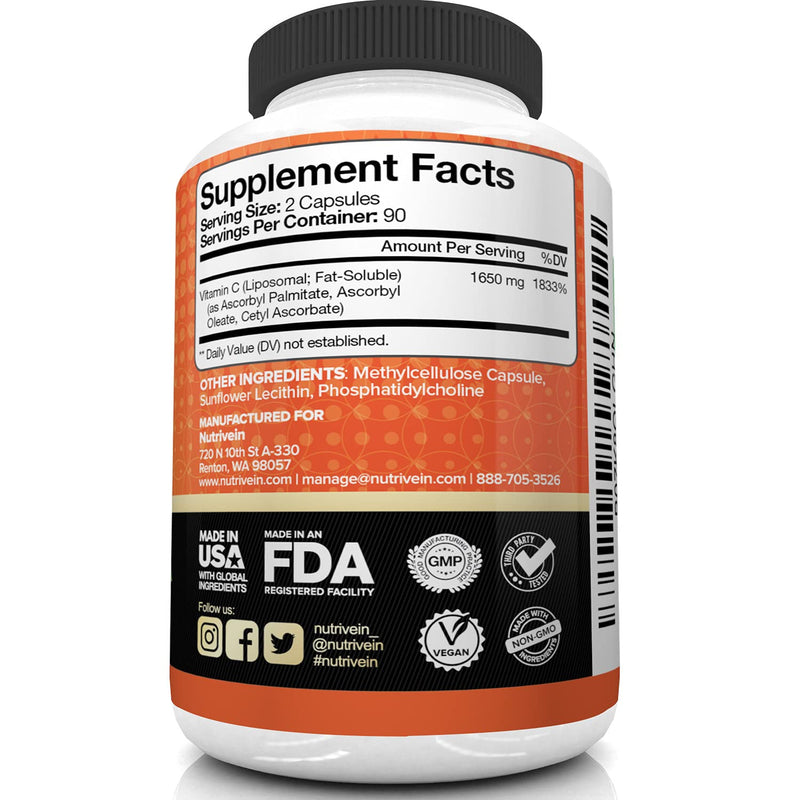 Nutrivein Liposomal Vitamin C 1650mg - 180 Capsules - High Absorption Ascorbic Acid - Supports Immune System & Collagen Booster - Powerful Antioxidant - NewNest Australia