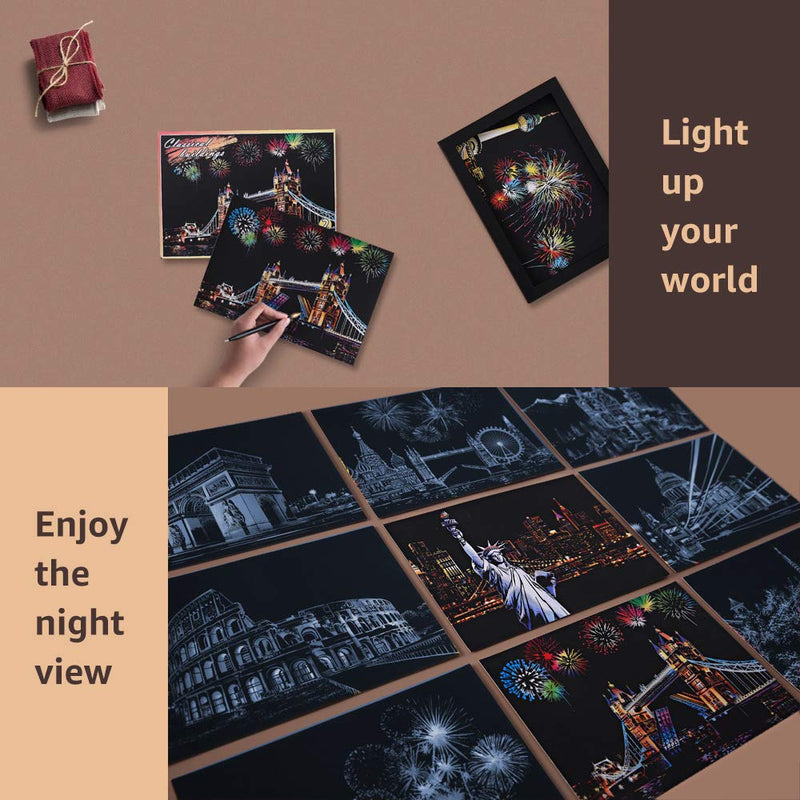 Magic Scratch Art Paper(7.9"x5.5") Rainbow Landscape Engraving Art Mini Scratchboard DIY Pads for Adults and Kids, Crafts Set: 12 Sheets Scratch Postcard Cards & Drawing Pens, Brush (Building Series) Building Series - NewNest Australia