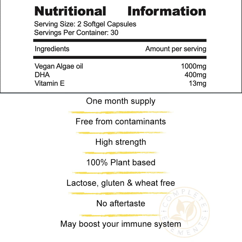 Vegan Omega 3 Algae Oil | 60 High Strength Capsules | 400mg DHA Supplement with Vitamin E | Vegetarian Essential Fatty Acids | Sustainable Algal Alternative to Fish Oil | UK Small Family Company - NewNest Australia
