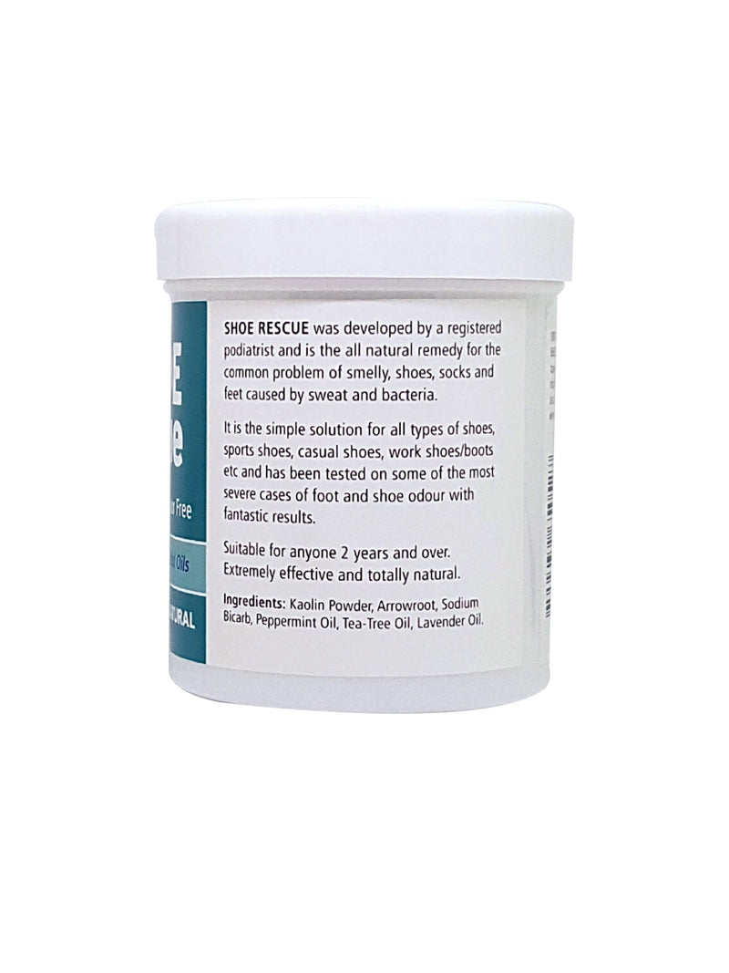 Shoe and foot powder 100g - Foot odour remover and eliminator - Developed by a registered podiatrist Shoe Rescue is a completely natural deodorant remedy to eliminate smelly shoes and feet - Contains beautiful essential oils Tea Tree Lavender and Peppe... - NewNest Australia