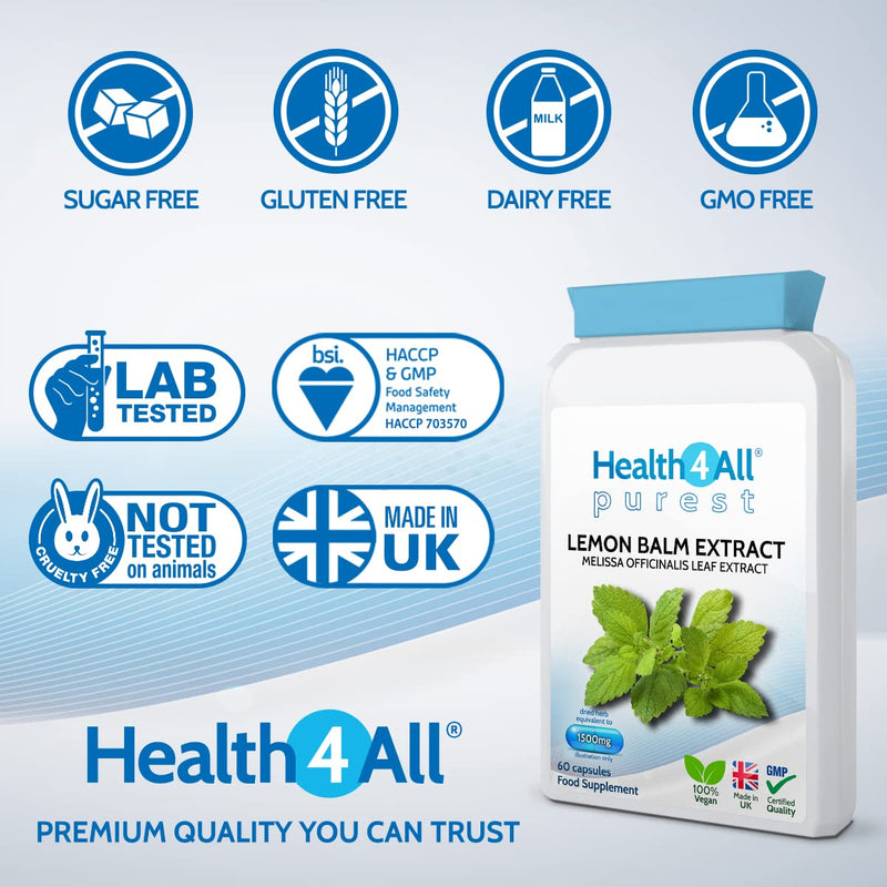 Health4All Lemon Balm Extract 1500mg 60 Capsules Purest: no additives, Vegan Melissa for Anxiety, Stress and Sleep Supplement 60 Count (Pack of 1) - NewNest Australia