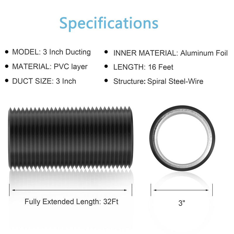 Hon&Guan 3 inch 16 FT Long Air Ducting, Heavy-Duty Four-Layer Protection Dryer Vent Hose for Heating Cooling Ventilation and Exhaust-with 2 Clamps, Black 3 x 16 FT - NewNest Australia