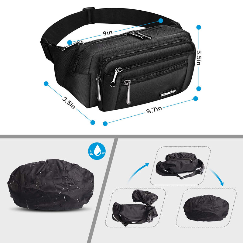 Oxpecker Waist Pack Bag with Rain Cover, Waterproof Fanny Pack for Men&Women, Workout Traveling Casual Running Hiking Cycling, Hip Bum Bag (black) black - NewNest Australia