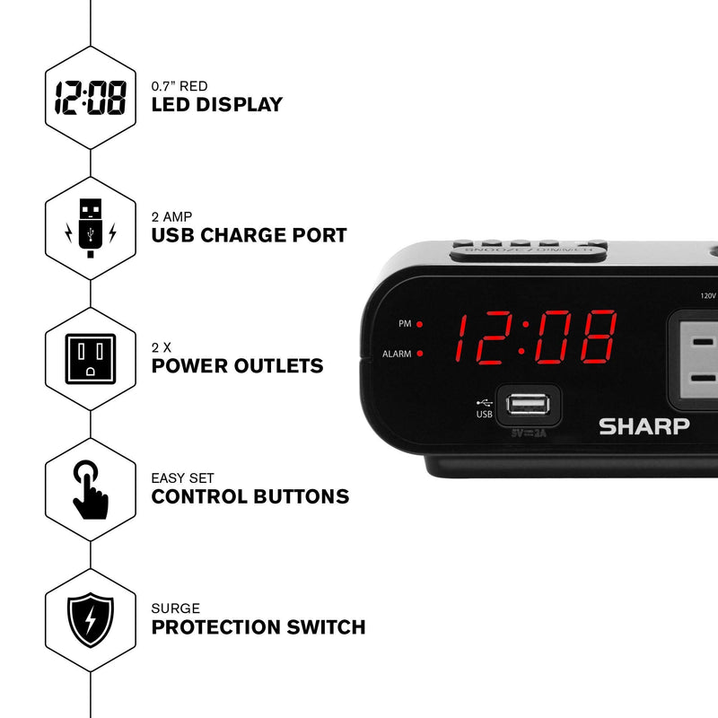 NewNest Australia - Sharp Digital Alarm Clock with 2X Power Outlets with Surge Protect and Rapid Charge USB Port - Grey Outlets Black 