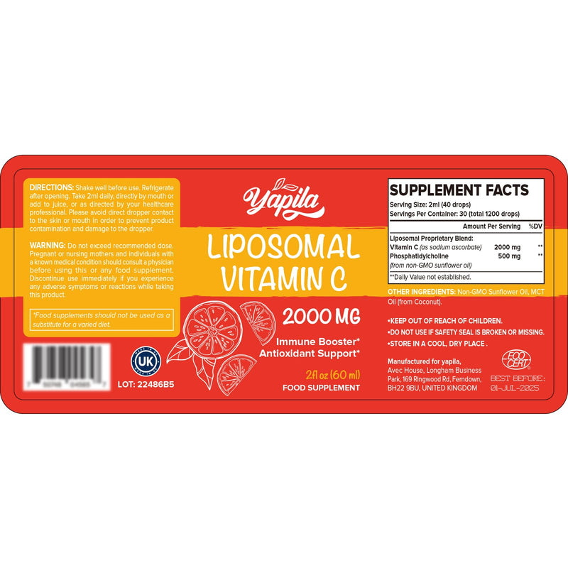 Liposomal Vitamin C 2000 mg Liquid Supplement, Maximum Absorption, High Potency Vegan Vit C, Ascorbic Acid, Non-GMO, Gluten Free, Soy Free 60ml (Pack of 1) - NewNest Australia