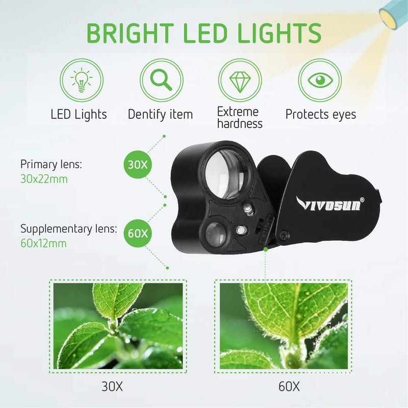 VIVOSUN 2-Pack 30X 60X Illuminated Jewelers Loupe Foldable Magnifier with LED Light for Jewelry Gems Watches Coins Stamps Antiques Black Black 2-pack - NewNest Australia
