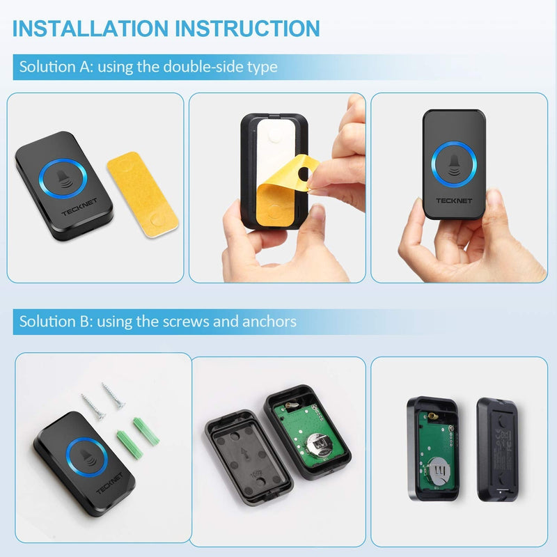 TECKNET Wireless Doorbell for Home, Classroom Doorbell Plug-in Cordless Door Chime Kit With 1300ft Range, 38 Chimes, 4 Level Volume, No Batteries Required for Receiver(1-2, Black) 1 Receivers + 1 Button - NewNest Australia