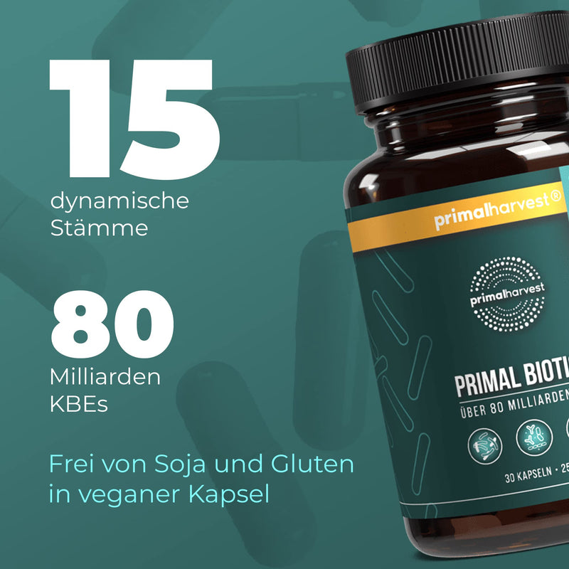 Primal Harvest  Biotics - 30 Capsules - 15 Bacterial Strains - 80 Billion Cfu + Inulin And Live Cultures - Laboratory Tested - Gastric Juice-Resistant Capsules - NewNest Australia