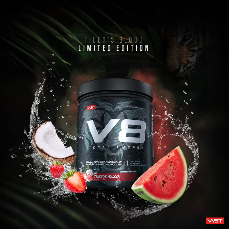 V8 Total Energy - Pre Workout Booster - Training Booster - CarnoSyn®, BetaPower®, Natural Caffeine - Vegan - Sugar Free - 20 Servings - Limited Edition - Tiger's Blood - NewNest Australia