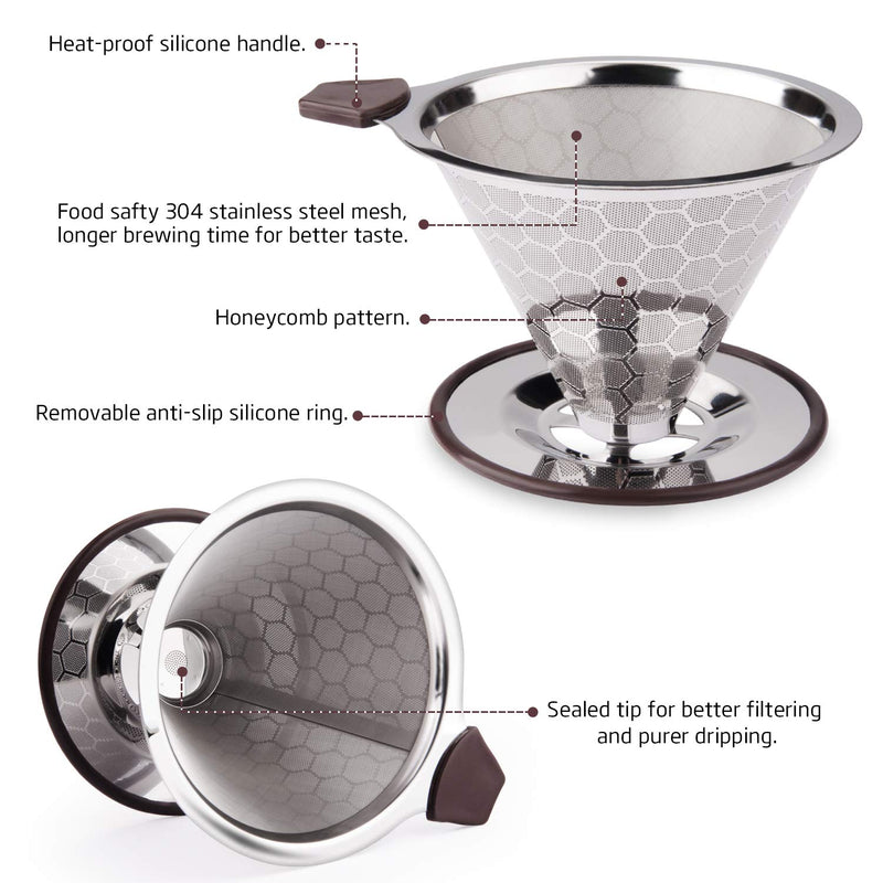FOXAS Coffee Filter Permanent Pour Over Coffee Dripper Paperless Drip Cup Stainless Steel Coffee Filter for Manual Coffee Maker, Mesh Cone Filter for 1-4 Cups, Perfect for Chemex Hario Bodum etc - NewNest Australia