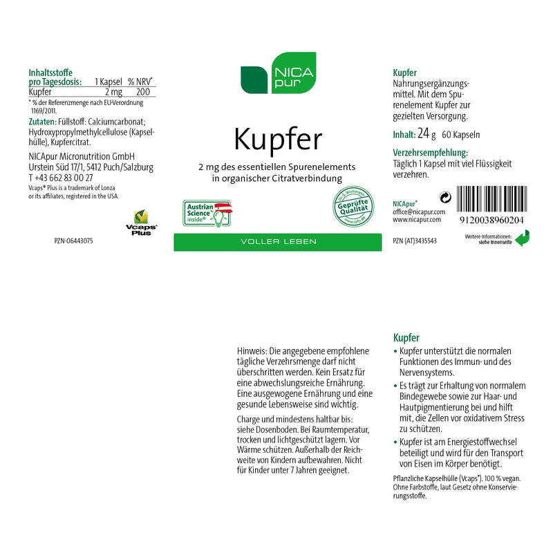 NICApur copper, with the trace element copper to improve the supply, pure substance without additives, 60 capsules - NewNest Australia
