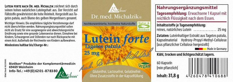 Lutein forte according to Dr. med. Michalzik - without additives 25 mg of pure lutein per capsule from BIOTIKON® - NewNest Australia