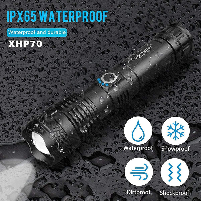 2 Pack LED Rechargeable XHP70 Flashlight 5000 High Lumens Super Bright Waterproof Tactical 5 Modes Zoomable Handheld Torch Light with 18650 Battery and USB Cable for Camping Outdoor Emergency - NewNest Australia