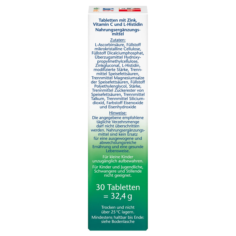 Doppelherz Zinc 15 + Histidine + Vitamin C - 15 mg zinc as a contribution to the normal function of the immune system and to the maintenance of normal skin - 30 vegan depot tablets 30 tablets - NewNest Australia