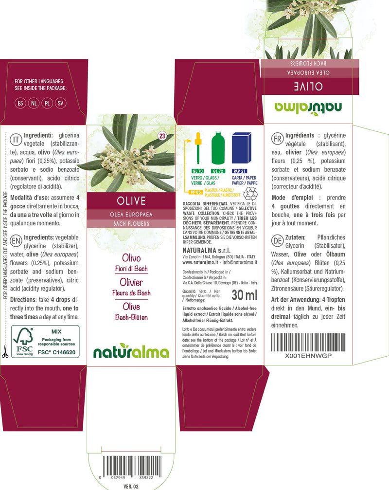 Olive (Olea europaea) Naturalma Bach Flowers | No. 23 | Drops 30 ml | Alcohol-Free Liquid Extract | Flower essences | Vegan and Without Alcohol - NewNest Australia