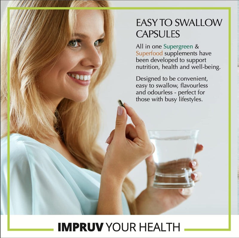 IMPRUVIT SUPERGREENS & SUPERFOOD CAPS 60 Vegan Capsules with Spirulina Turmeric Ginger Root Black Pepper Maca Root. Plant Based Antioxidant Anti-Inflammatory That Supports Whole Body Health & Immunity - NewNest Australia