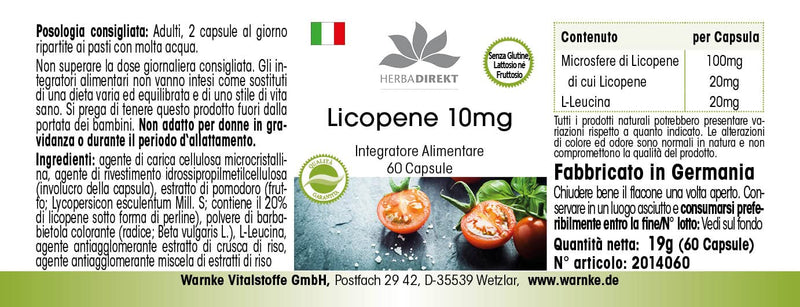 Lycopene capsules 10mg - high dosage - made from tomato extract - vegan - 60 capsules| HERBADIREKT by Warnke vital substances - NewNest Australia