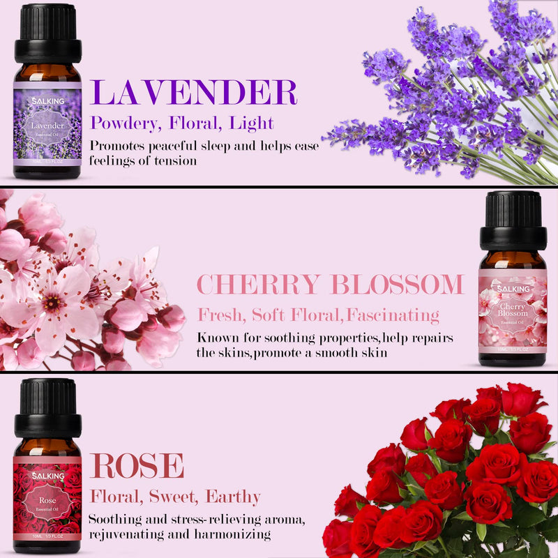 SALKING Essential Oils Set, 100% Pure Fragrance Oil AromatherapyGift, Premium Scented Oils for Diffusers 6 x 10 ML - Lavender, Rose, Jasmine, Cherry Blossom, Gardenia, Chamomile Pink - NewNest Australia