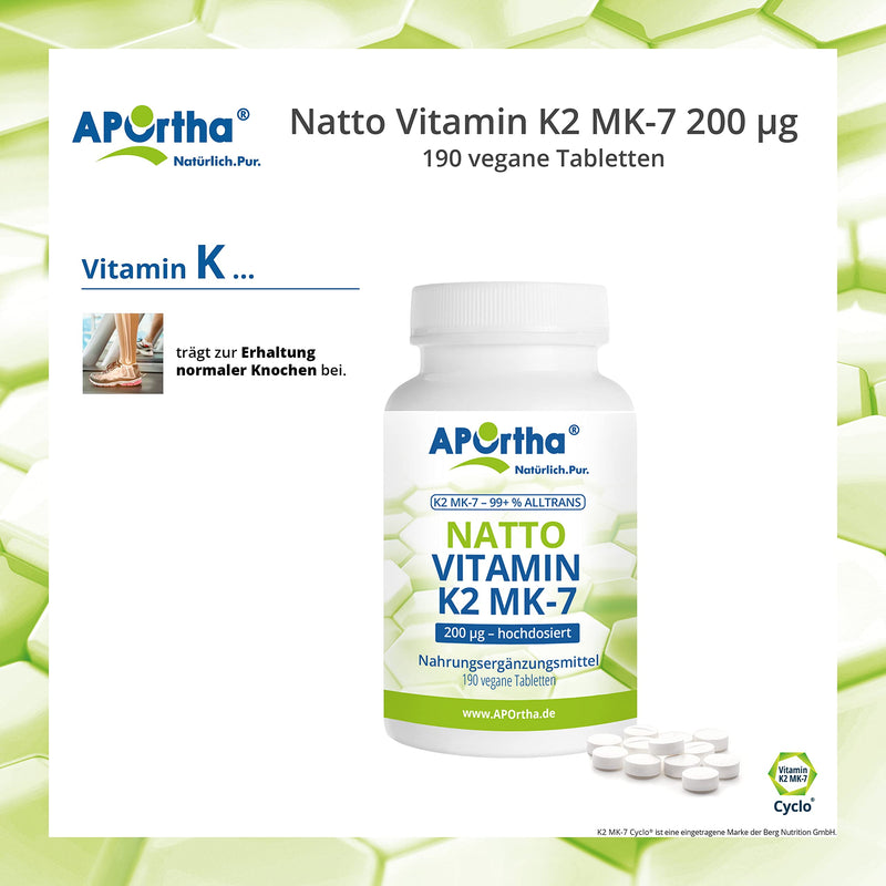 APOrtha Vitamin K2 MK7 200 µg 99+% ALL-Trans, 190 tablets high-dose vegan, high-quality Natto K2 vitamin easy to swallow dietary supplement Vit K2, vitamin K 2 alternative to K2 drops capsules - NewNest Australia