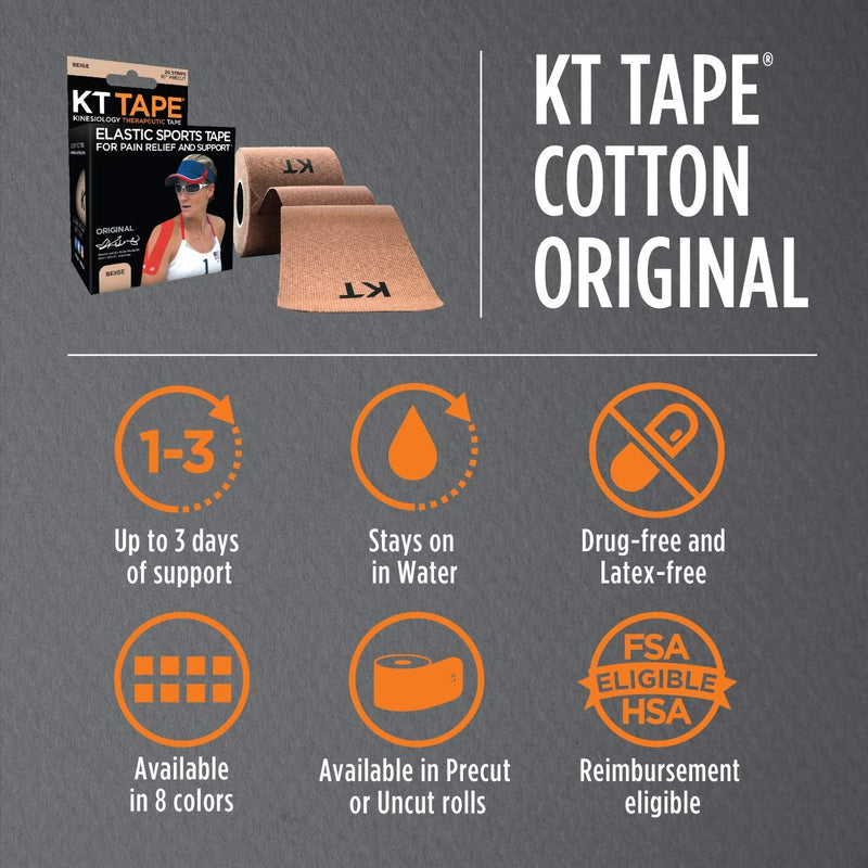 KT Tape Original Cotton Elastic Kinesiology Therapeutic Athletic Tape, 20 Pack, 10” Cut Strips Beige - Precut - NewNest Australia