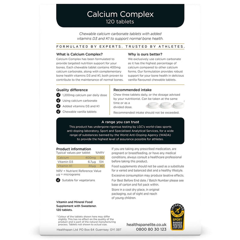 Healthspan Elite Calcium Complex 1,200mg | 120 Tablets | All Blacks Official Partner | Added Vitamin D3 and Vitamin K1 | Bone Health | Vanilla Chewable Tablets | Informed Sport Accredited | Vegetarian - NewNest Australia