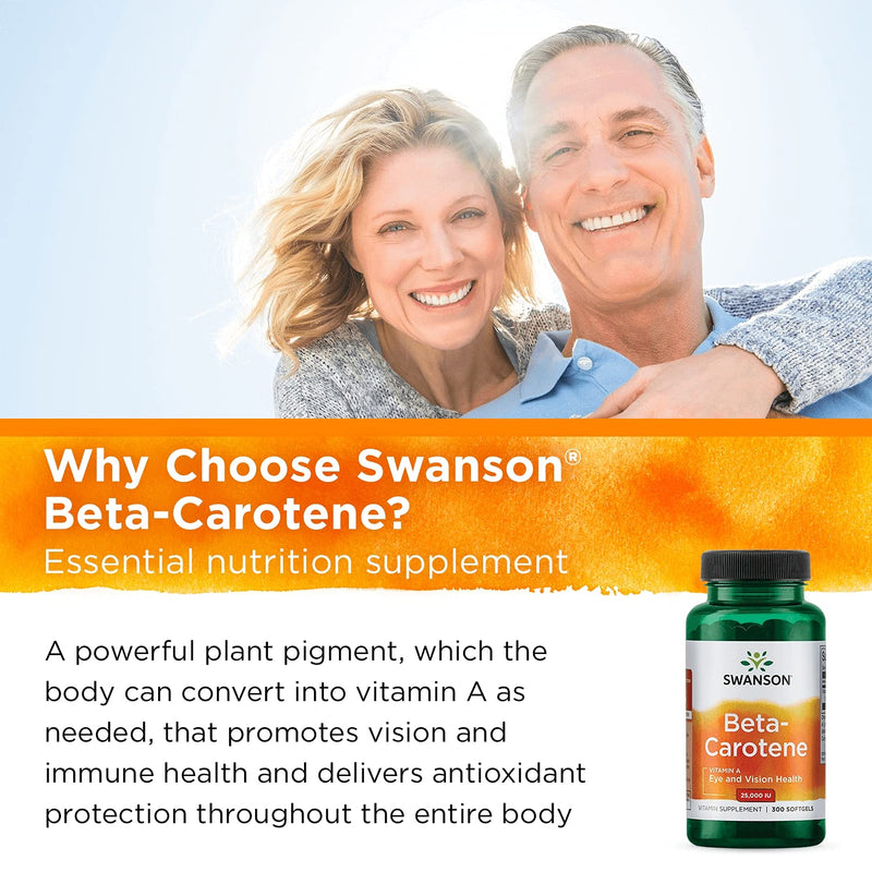 Swanson Beta-Carotene Vitamin A 25000 IU Skin Eye Immune System Health Antioxidant Support 7500 mcg 300 Softgels Count 1 - NewNest Australia